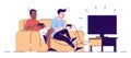 Boys playing videogame flat vector illustration. Students, roommates with joysticks looking at TV set screen, sitting on