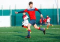 Boys in red and blue sportswear plays football on field, dribbles ball. Young soccer players with ball on green grass. Royalty Free Stock Photo
