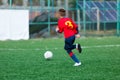 Boys in red and blue sportswear plays  football on field, dribbles ball. Young soccer players with ball on green grass. Royalty Free Stock Photo
