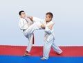 Boys with a red and white belt do paired exercises karate