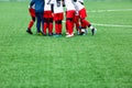 Boys in red and white sportswear plays soccer on green grass field. Youth football game. Children sport competition, Royalty Free Stock Photo