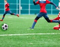 Boys in red and white sportswear plays soccer on green grass field. Youth football game. Children sport competition, kids plays Royalty Free Stock Photo