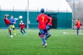 Boys in red white sportswear running on soccer field. Young footballers dribble and kick football ball in game. Training Royalty Free Stock Photo