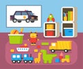 Boys room kindergarten. Nursery interioir. Flat design vector illustration