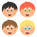 Boys set children`s faces with different hair color and eyes with a big smile with an open mouth with tongue and white teeth. Comb Royalty Free Stock Photo