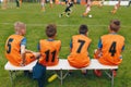 Boys Soccer Team Sitting on Bench. Kids Football Team Players. Soccer Tournament Match for Children