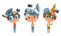 Boys in Steampunk Headgear Set, Children Doing Scientific Experiments Vector Illustration