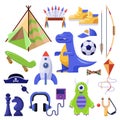 Boys stuff, toys and personal things. Vector isolated icons set Royalty Free Stock Photo