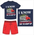 boys t shirt with cargo pocket short with little truck print vector