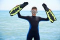 BOYS OF TEENAGERS IN A DIVING BLACK SUIT WITH A DIVING MASK, FLIPPERS Royalty Free Stock Photo