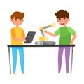 Boys Teenagers Standing at Table Engineering and Configurating Robot Vector Illustration Royalty Free Stock Photo