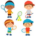 Boys tennis players. Tennis player kids in tournament. Children with racket ball playing at tennis court. Vector illustration