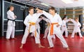 Boys training in pair to use karate technique during class
