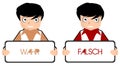 Boys with true and false signs, cartoon, color, isolated.