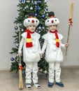 Boys, twins in carnival costumes of snowmen Royalty Free Stock Photo