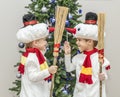 Boys, twins in carnival costumes of snowmen Royalty Free Stock Photo