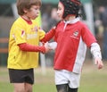 Boys, under 8 aged, have fair play on rugby Royalty Free Stock Photo