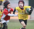 Boys, under 8 aged, red/yellow jacket play rugby Royalty Free Stock Photo