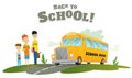 Boys waiting for transport. Classic american old school bus. Back to school. Ride on road. Free travel. Color vector Royalty Free Stock Photo