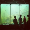 Boys watching fish in underwater aquarium