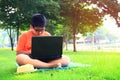 Boys wearing glasses, sitting, computer