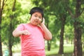 Boys wearing green headphones Happy smile Royalty Free Stock Photo