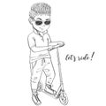 Hand drawn cute boy with kick scooter. Royalty Free Stock Photo