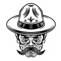 Boyscout men in hat with mustache vector illustration in monochrome vintage style isolated on white background