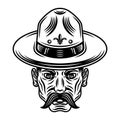 Boyscout men in hat with mustache vector illustration in monochrome vintage style isolated on white background