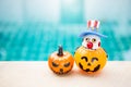 Bozo ghost wooden doll in Halloween pumpkin lantern with space on swimming pool backgroun
