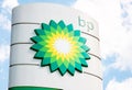 BP plc British oil and gas company logo, brand signage, gas station signpost emblem object extreme closeup, detail, nobody. Petrol