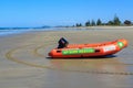 An inflatable surf rescue boat on a New Zealand beach