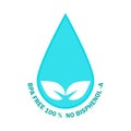BPA FREE Logo. Waterdrop design with BPA-free 100%, Guarantee, no Bisphenol-A for plastic non-toxic on white background. Logo. Royalty Free Stock Photo