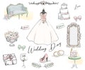 Wedding day cute icon illustration set watercolor style bride concept boutique collection gentle colors