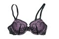 Bra isolated. Closeup of beautiful female stylish violet black bra with laces and straps isolated on a white background. Royalty Free Stock Photo