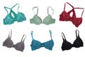 Bra set isolated. Collage of various luxurious elegant sexy colorful bra with laces and straps isolated on a white background. Royalty Free Stock Photo