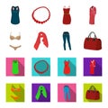 Bra with shorts, a women`s scarf, leggings, a bag with handles. Women`s clothing set collection icons in cartoon,flat