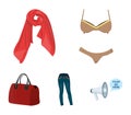 Bra with shorts, a women`s scarf, leggings, a bag with handles. Women`s clothing set collection icons in cartoon style