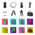 Bra with shorts, a women`s scarf, leggings, a bag with handles. Women`s clothing set collection icons in monochrome,flat