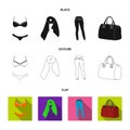 Bra with shorts, a women scarf, leggings, a bag with handles. Women clothing set collection icons in black,flat,outline