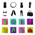 Bra with shorts, a women scarf, leggings, a bag with handles. Women clothing set collection icons in black,flet style