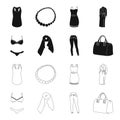 Bra with shorts, a women scarf, leggings, a bag with handles. Women clothing set collection icons in black,outline style