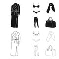 Bra with shorts, a women scarf, leggings, a bag with handles. Women clothing set collection icons in black,outline style