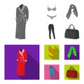 Bra with shorts, a women scarf, leggings, a bag with handles. Women clothing set collection icons in monochrome,flat