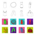 Bra with shorts, a women scarf, leggings, a bag with handles. Women clothing set collection icons in outline,flet style