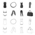 Bra with shorts, a women scarf, leggings, a bag with handles. Women clothing set collection icons in outline,monochrome