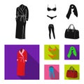 Bra with shorts, a women scarf, leggings, a bag with handles. Women`s clothing set collection icons in black,flat style