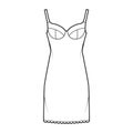 Bra slip lingerie dress technical fashion illustration with molded cup, adjustable shoulder straps, scalloped edge