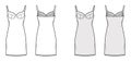 Bra slip lingerie dress technical fashion illustration with molded cup, adjustable shoulder straps, scalloped edge