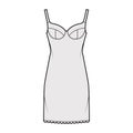 Bra slip lingerie dress technical fashion illustration with molded cup, adjustable shoulder straps, scalloped edge